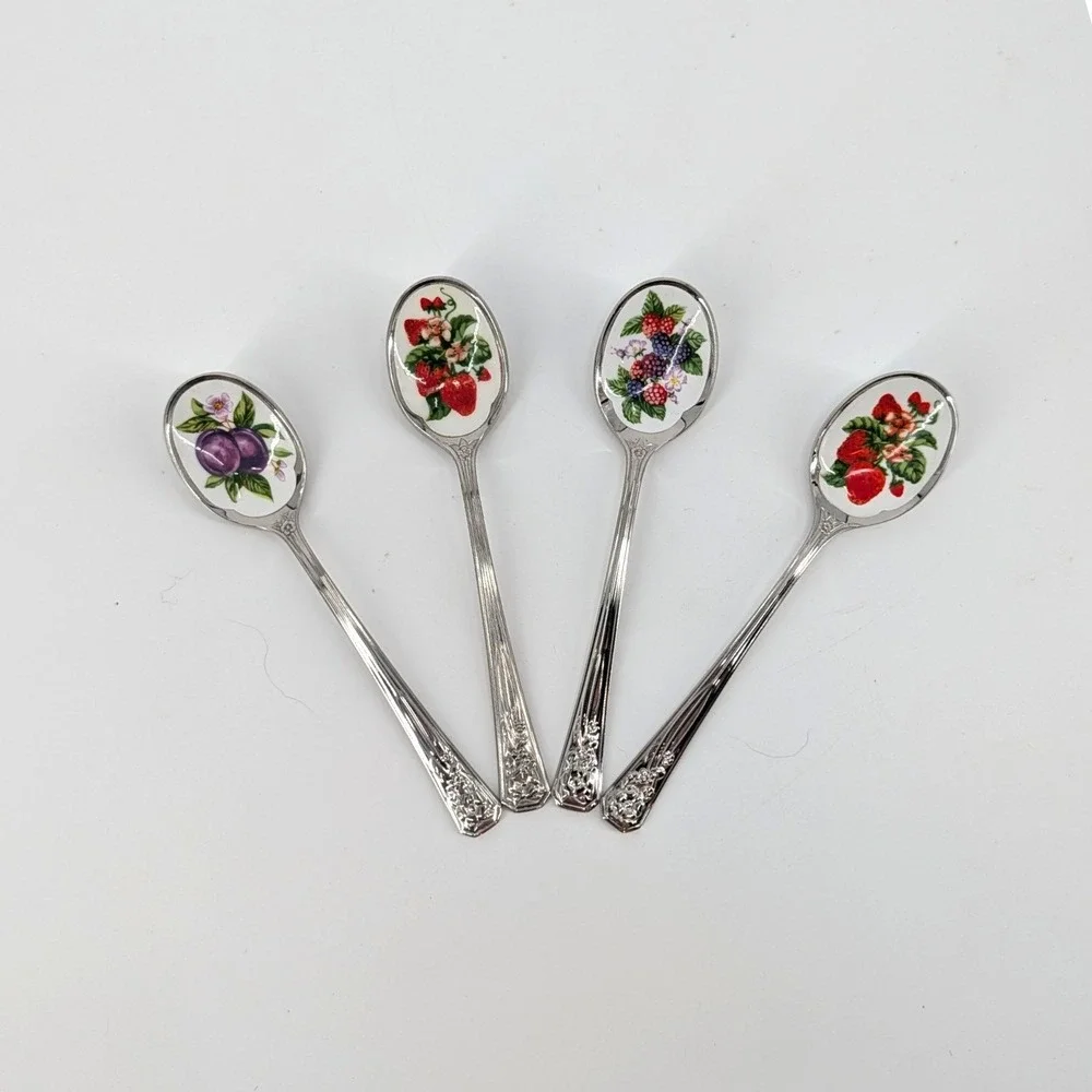 Avon Vintage Demitasse Jam Spoons Set of 4 Fruit Porcelain Inlay Stainless Japan